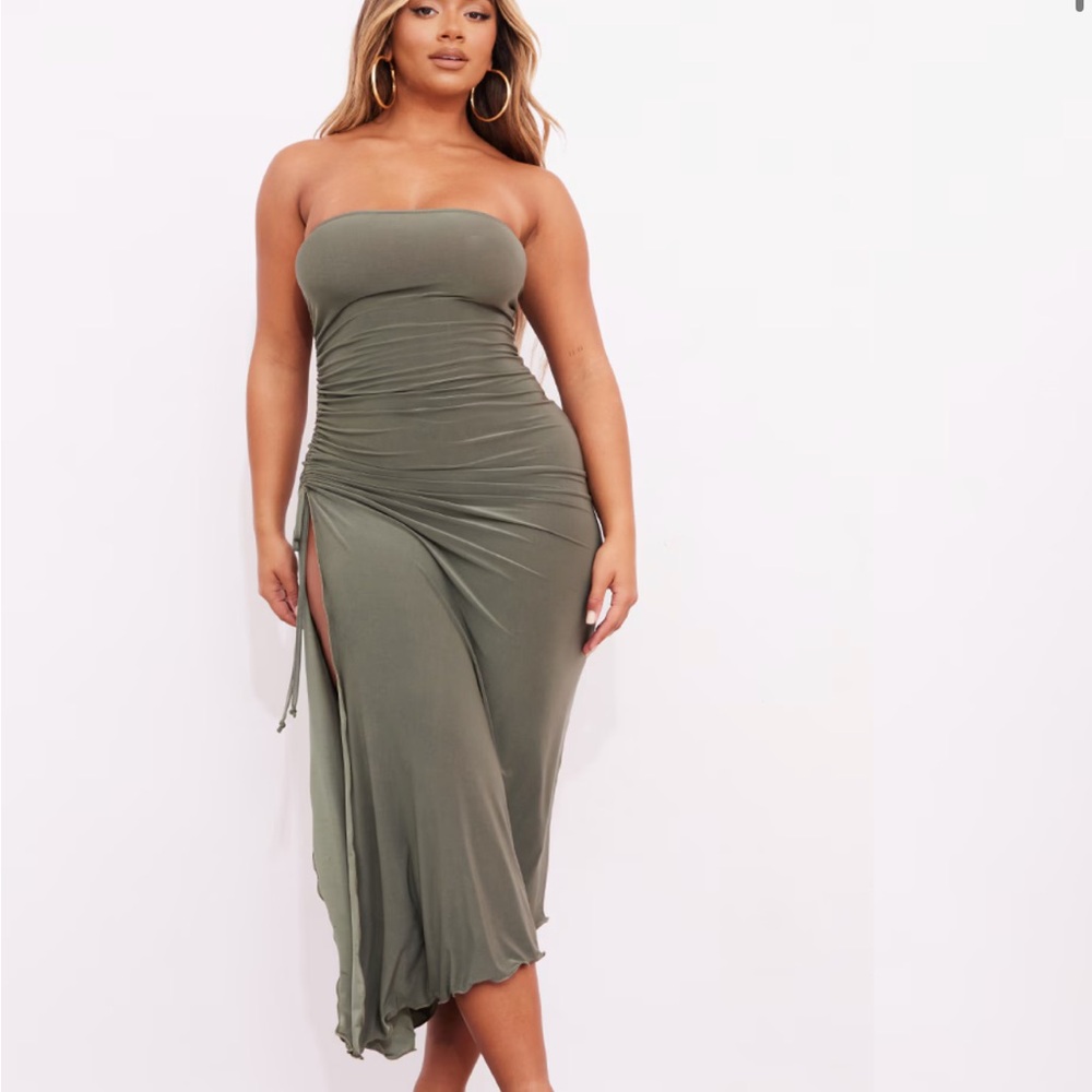 SHAPE OLIVE SLINKY BANDEAU RUCHED SIDE HEM MIDAXI DRESS